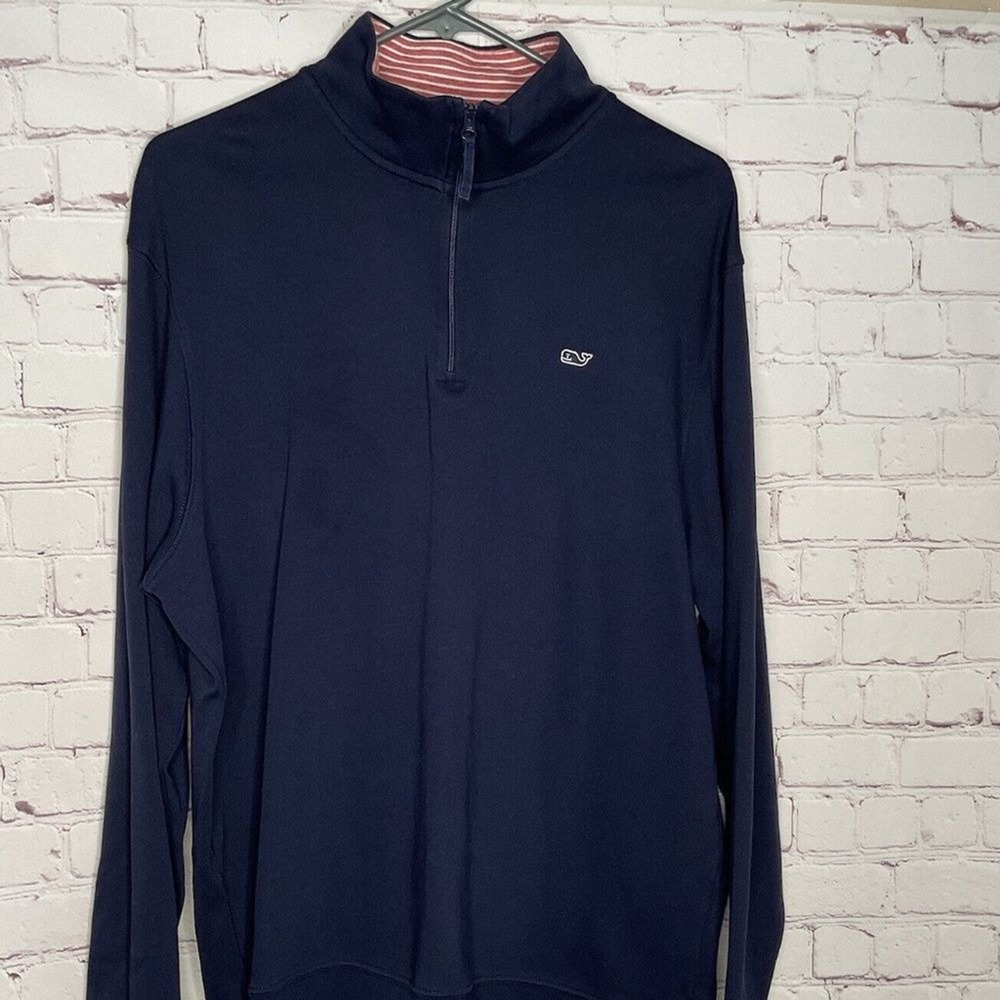 Vineyard Vines Dark Blue 1/3 Zip MockNeck Sweater Men L Peru 100% Pima Cotton